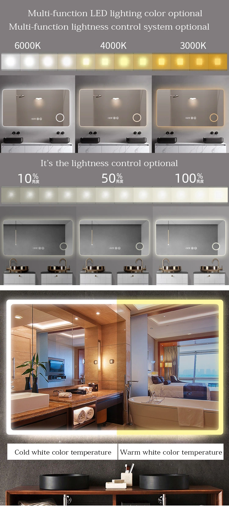 Hotel Smart Mirrors Frameless Touch Screen Dimmer Lights Bathroom Mirror