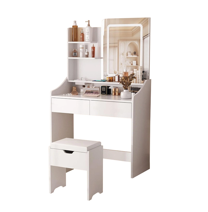 Desk with LED Light Mirror and Charging Station, Vanity Set with 4 Storage Shelves 2 Drawers, Vanity Table