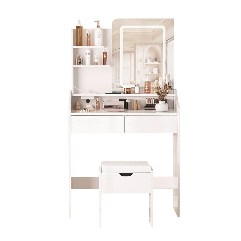 Desk with LED Light Mirror and Charging Station, Vanity Set with 4 Storage Shelves 2 Drawers, Vanity Table