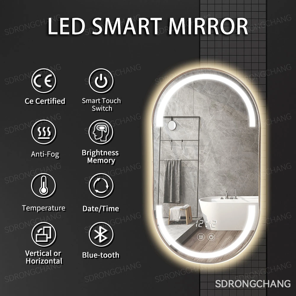 Modern Wall Runway Circle Defogger Smart Salon Mirror with Gold Aluminium Frame