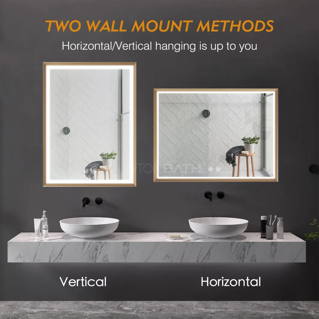 Ortonbath Gold Framed Rectangular Fronlit LED Bathroom Mirror with Lights, Dimmable Vanity Mirror, Wall Mounted Smart Mirror with Anti-Fog and Adjustable