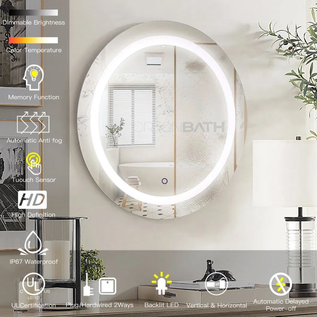 Ortonbath Frameless Round LED Bathroom Mirror Backlit Anti-Fog 3 Colors Light Dimmable Wall Mounted Lighted Bathroom Vanity Mirror Smart Makeup Mirror