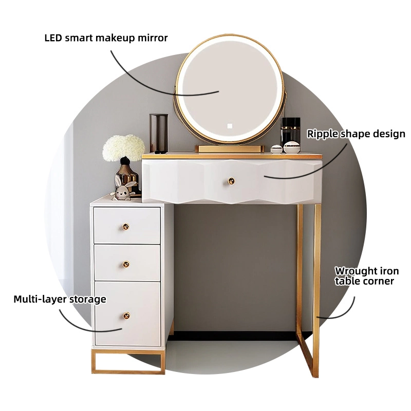 Desk with 3-Color Dimmable Lighted Mirror, Vanity Desk Set with Movable Bedside Table and Cushioned Stool, Vanity Table Set with Drawers &amp; Storage Cabinet,