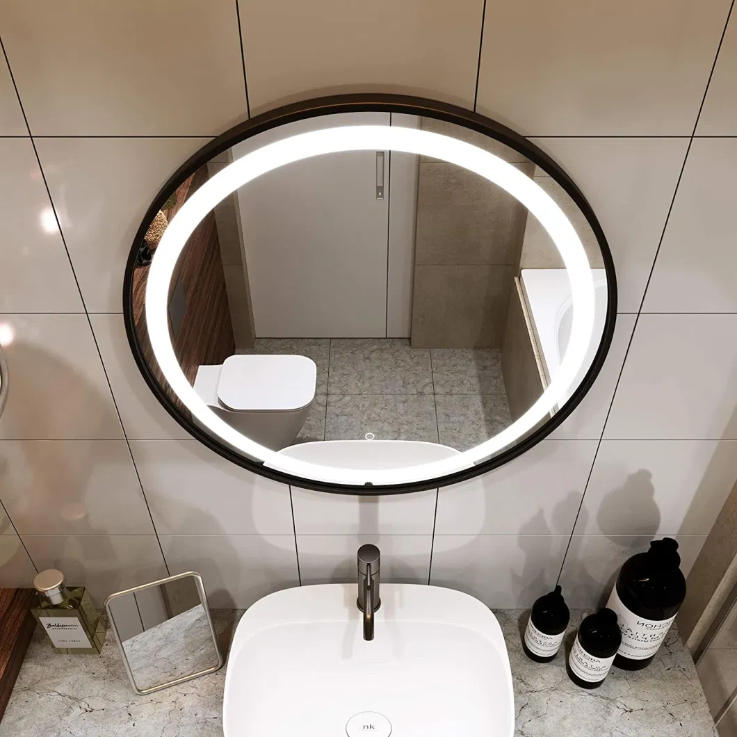 Black Steel Frame Factory Customized Round LED Lighting Bathroom Mirror