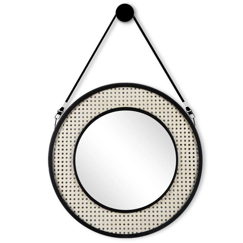 Decorative Home Round Shape Wall Mirror Black Metal Framed Mirror with Rattan Shape