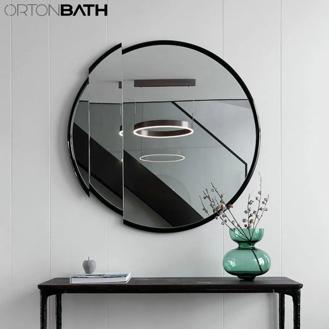 Ortonbath Cut Round Black Framed Bathroom Wall Mount Mirror Brushed Metal Frame Hanging Mirror for Living Room, Bedroom