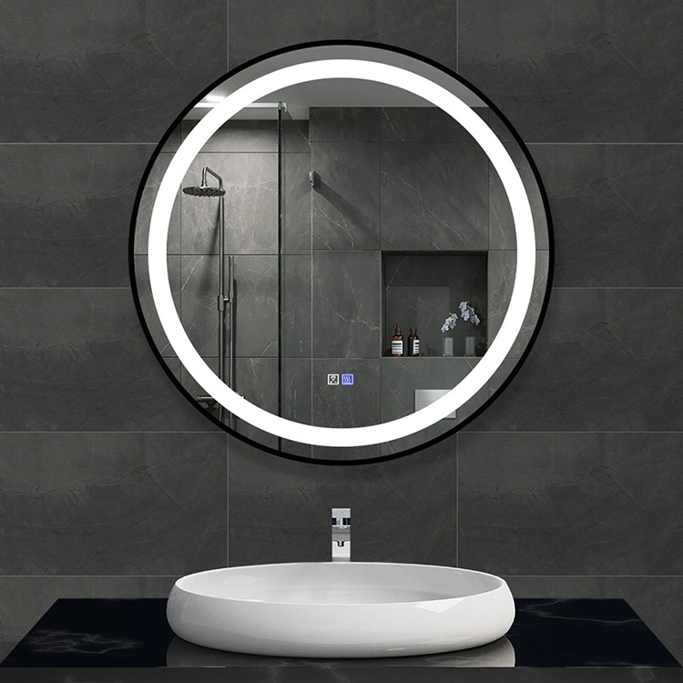 Touch Control Hotel Vanity Round LED Bathroom Mirror Black Frame Mirror Factory