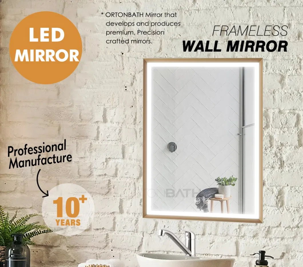 Ortonbath Gold Framed Rectangular Fronlit LED Bathroom Mirror with Lights, Dimmable Vanity Mirror, Wall Mounted Smart Mirror with Anti-Fog and Adjustable