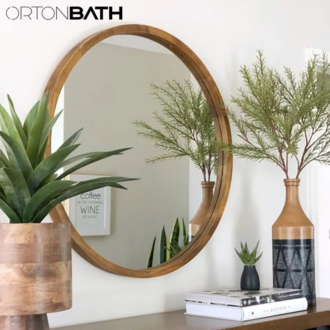 Ortonbath 40cm Makeup Vanity Mirrors, European Retro Round Wooden Frame Wall-Mounted Mirror, Bathroom/Hotel Decorative Mirror