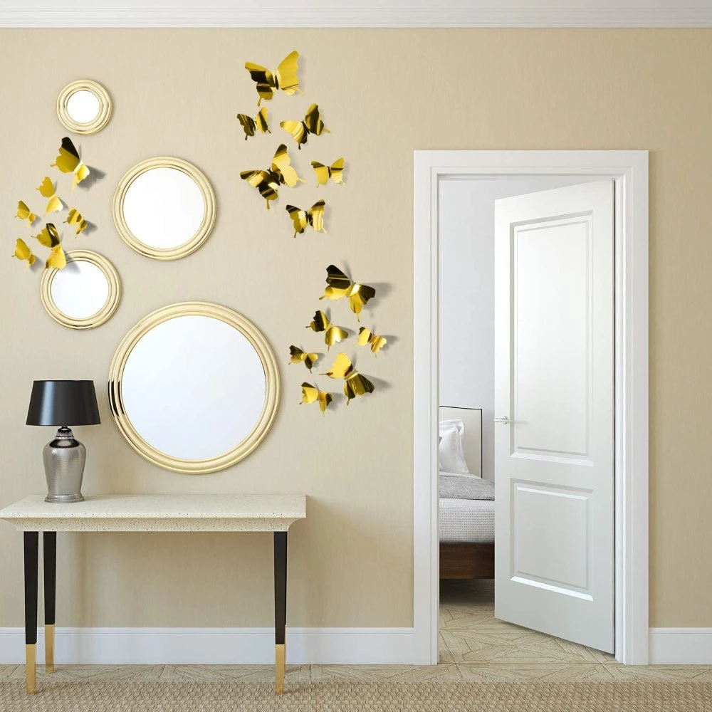 48 Pieces Gold 3D Mirror Butterfly Wall Stickers Decals DIY Hollow-out Butterfly Wall Decor for Home Decoration 3 Sizes