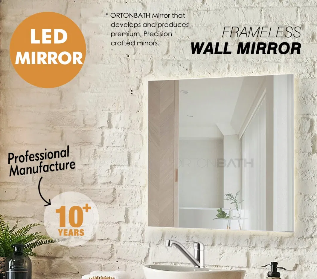 Ortonbath Frameless Square Backlit LED Mirror Bathroom for Vanity, Anti Fog Bathroom Mirror with Lights, Wall Modern Bathroom Mirror with Switch