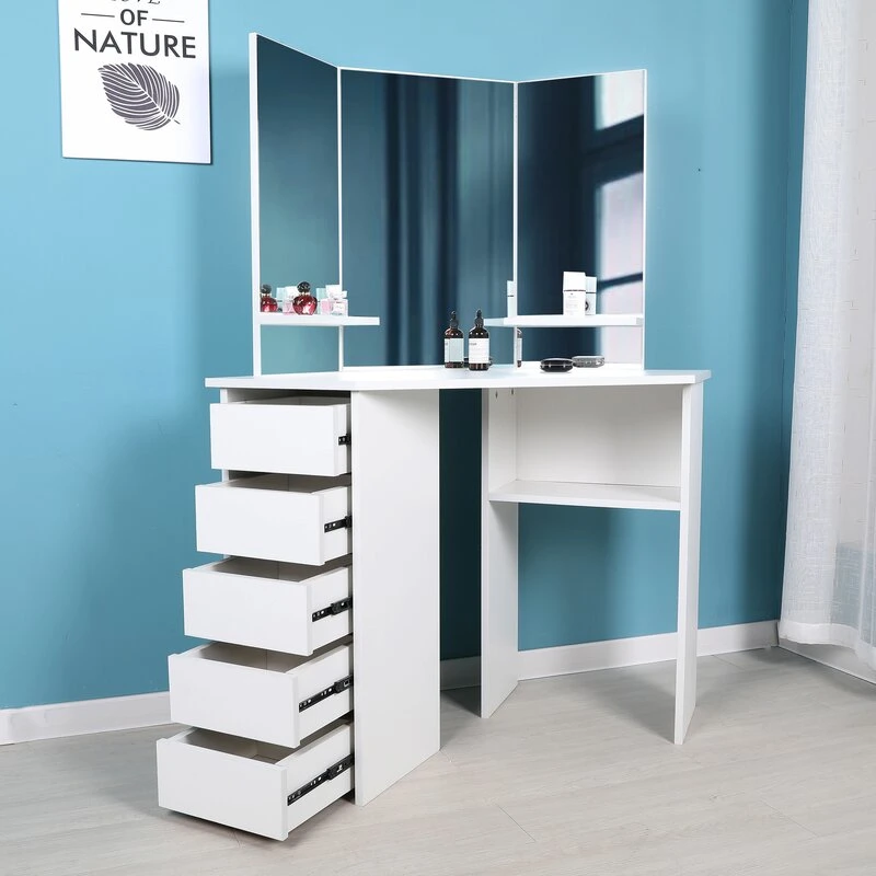 White Bedroom Makeup Vanity Cosmetics Corner Desk with 3 Mirror