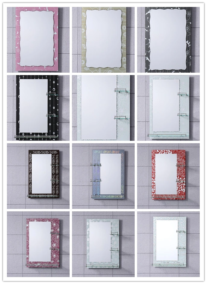 Framed Frameless Wall Mounted Floor Stand Bathroom Mirror with Decorative Pattern and Shelf