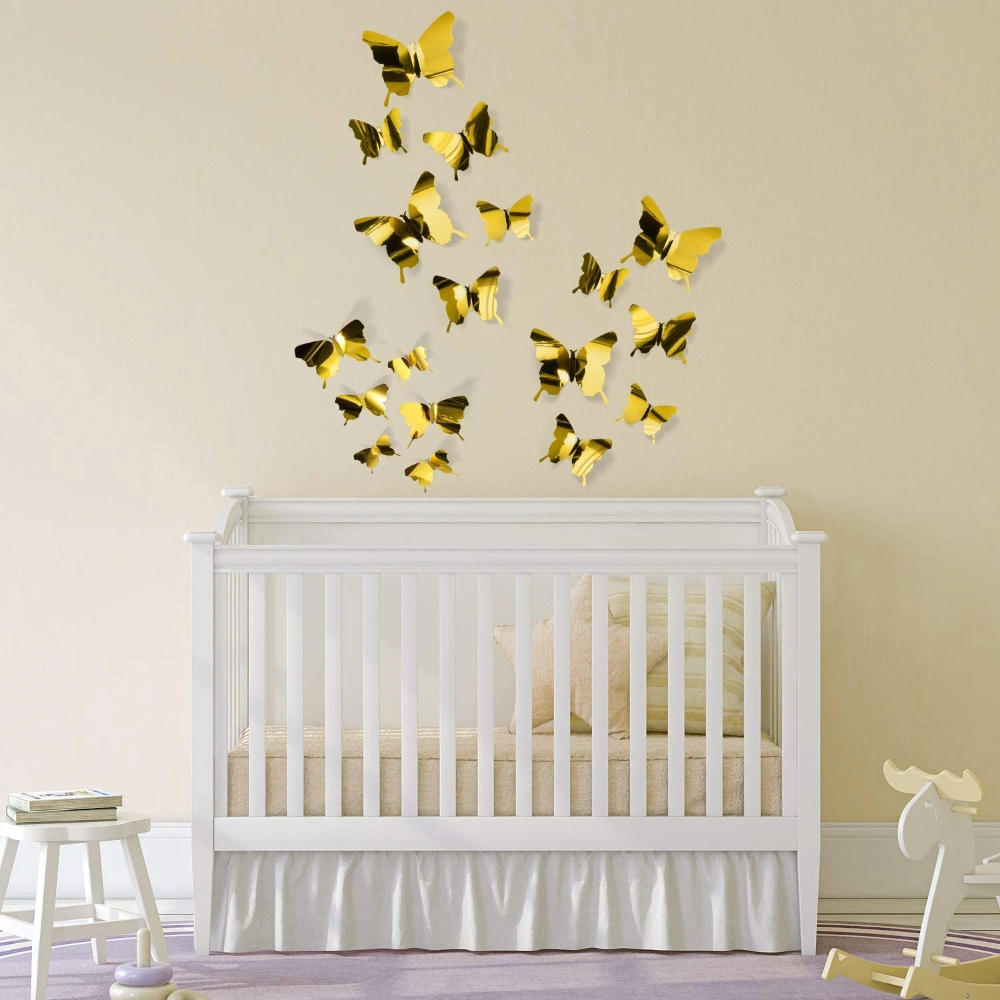 48 Pieces Gold 3D Mirror Butterfly Wall Stickers Decals DIY Hollow-out Butterfly Wall Decor for Home Decoration 3 Sizes