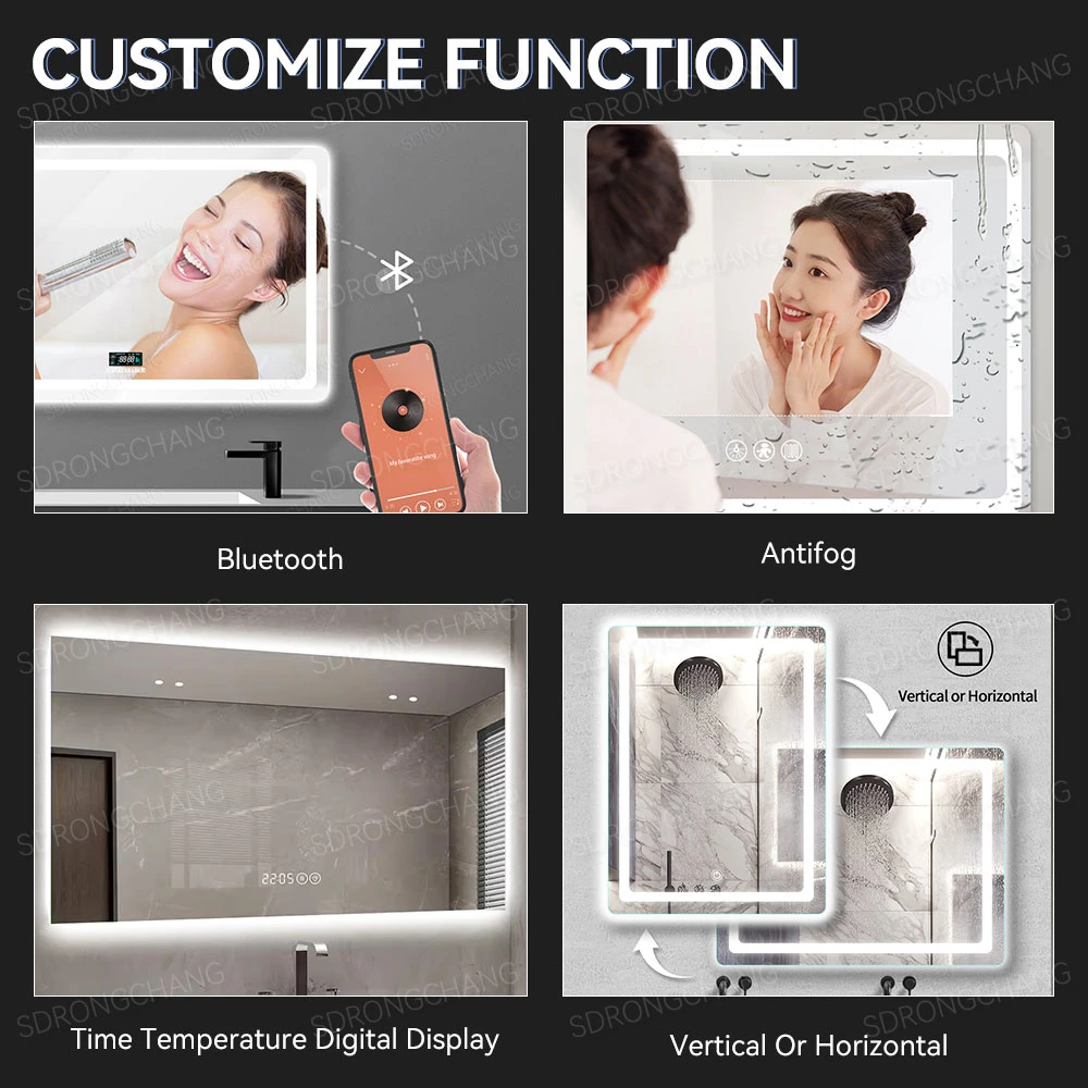 Modern Rectangular Frameless Wall Light up Touch Screen Smart Backlit Bathroom Mirror