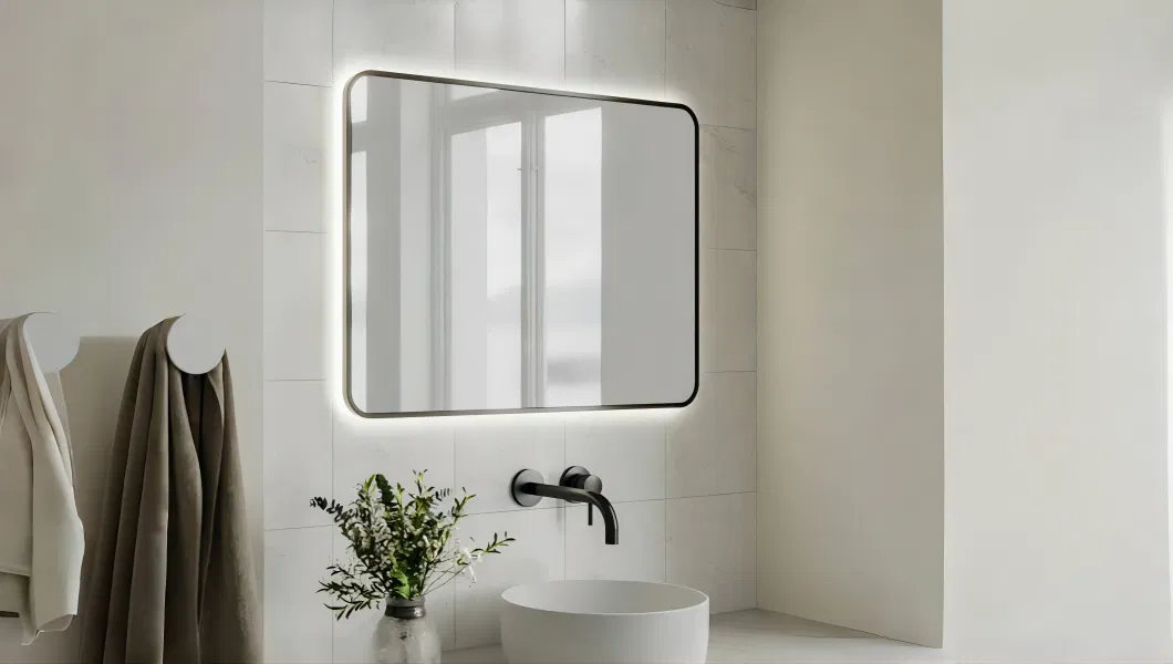 Round Angle Matte Black Metal Frame Backlit Bathroom Smart Mirror with LED Lights