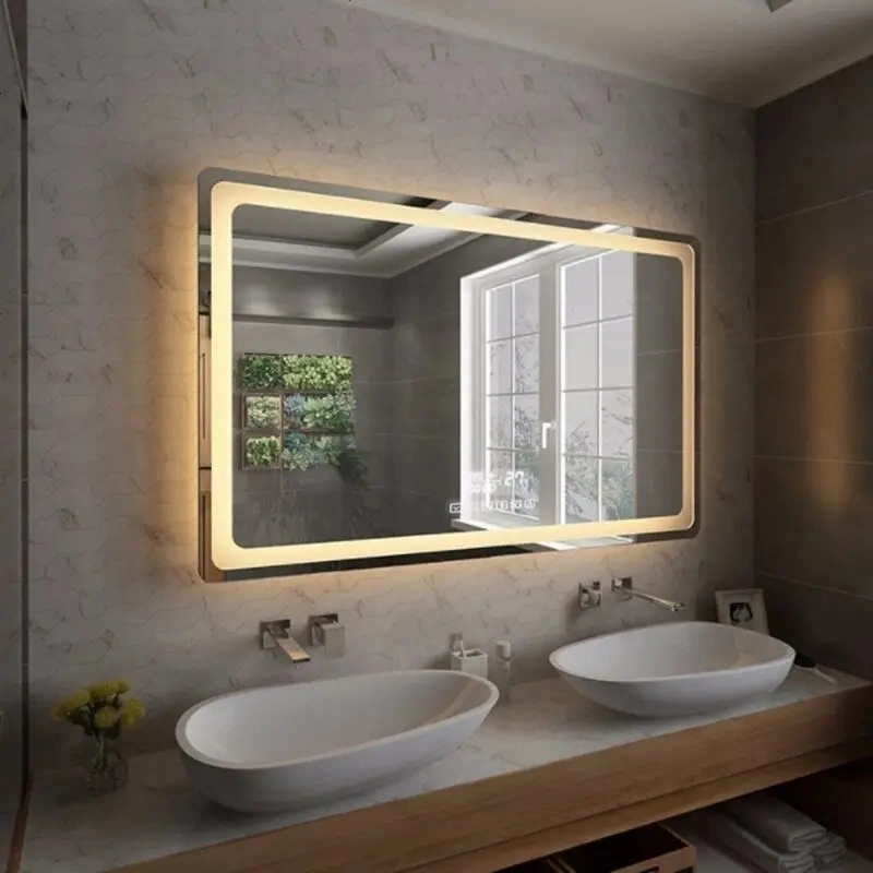 Customized Metal Framed Lighted Mirror Luxury Rectangle Hospitality Bathroom LED Mirror with Shelf