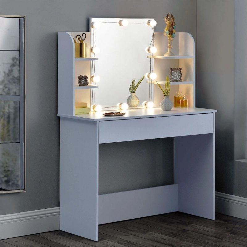 White Vanity Table with Mirror and Drawers 0621