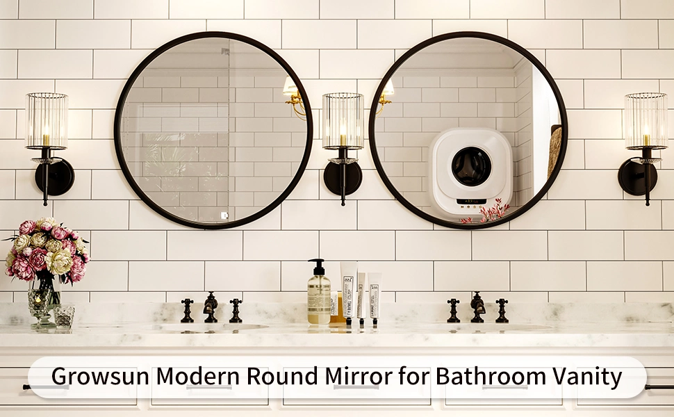 Wall Mirror for Bathroom, Round Black Metal Frame Bathroom Mirrors, Modern Wall Mounted Vanity Mirror for Bathroom