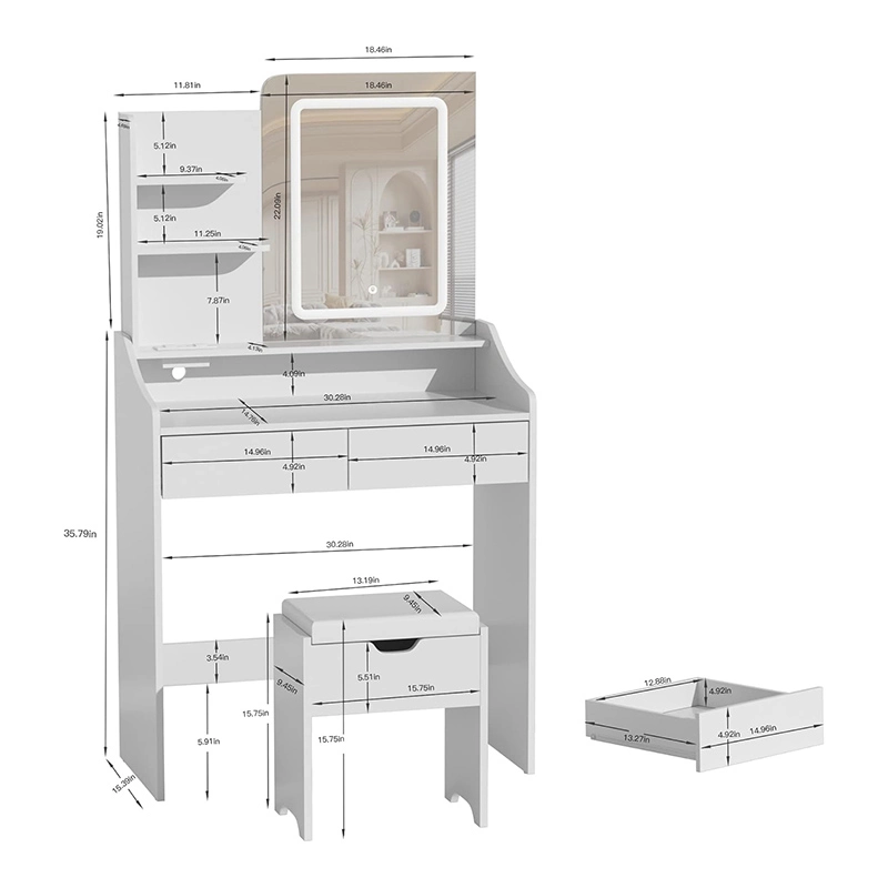 Desk with LED Light Mirror and Charging Station, Vanity Set with 4 Storage Shelves 2 Drawers, Vanity Table