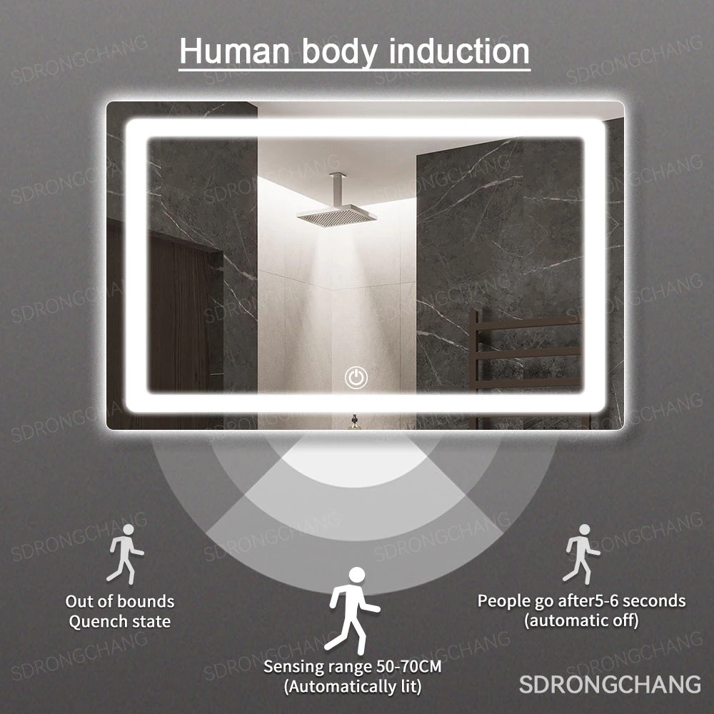 Hotel Home Gold LED Bathroom Mirror Touch Screen Decor Wall Rectangular Mirror with Metal Frame Bathroom LED Smart Mirror