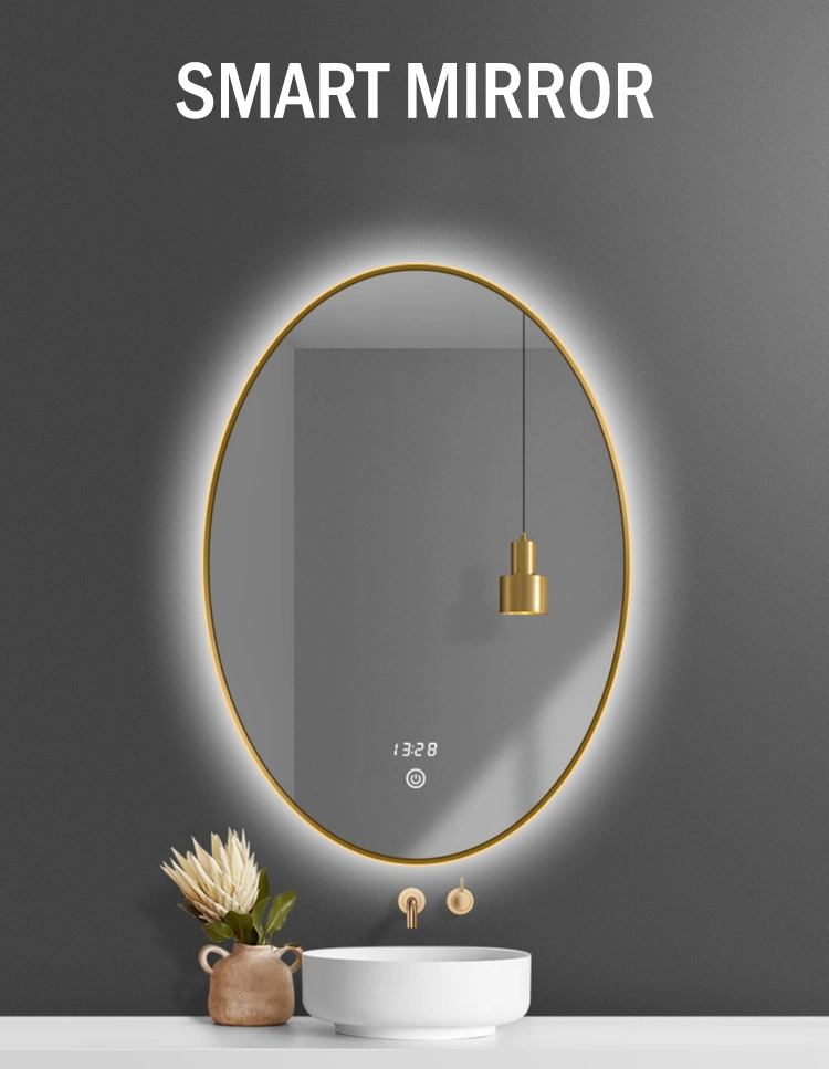 Modern Design Hotel Bathroom Mirror Oval Wall Mounted Gold Backlit Vanity Smart Mirrors with LED Lights