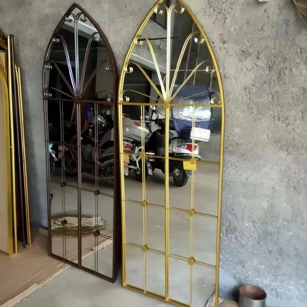 Factory Retro Luxury Garden Style Vintage Metal Iron Decorative Arched Window Shaped Wall Mirror