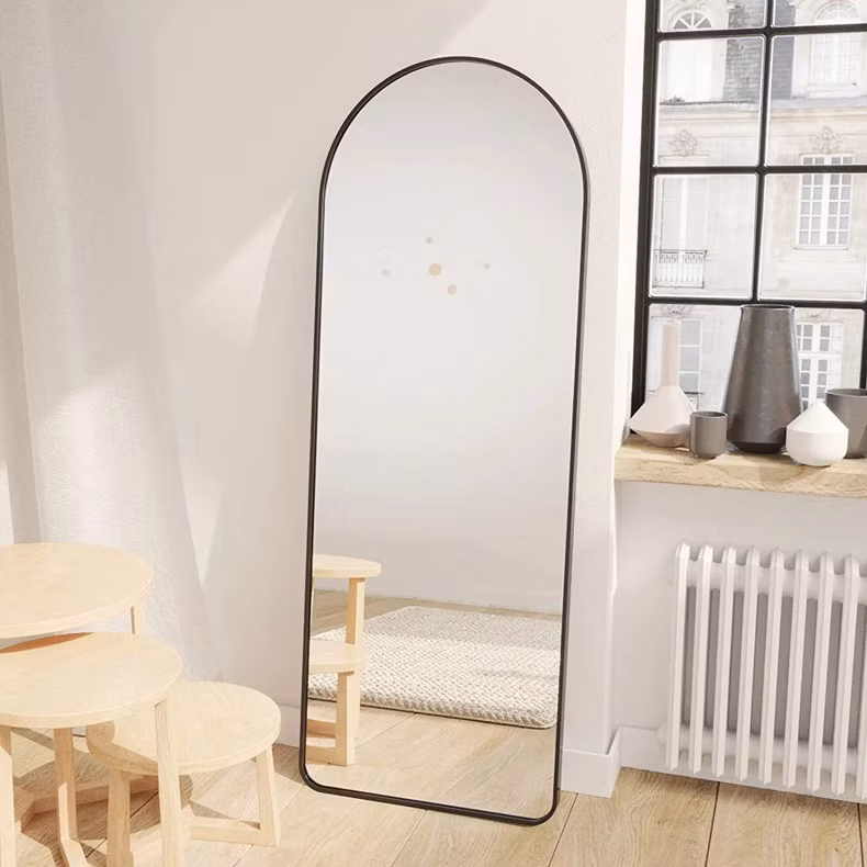 Custom Vaulted Floor Full Length Body Standing Mirror with Black Gold Metal Frame Wall Hanging Bathroom Mirror