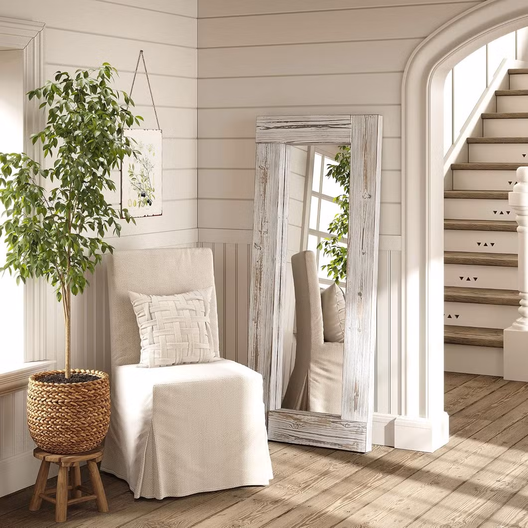 Natural Color Rustic Farmhouse Wood Frame Floor Standing Bedroom Mirror