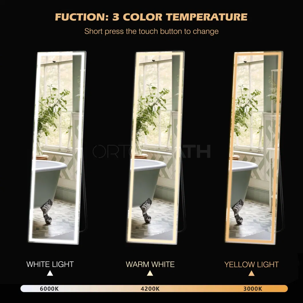 Ortonbath Free Standing Large LED Lighted Backlit Mirror, LED Full Length Mirror Dressing Mirror with Dimming &amp; 3 Color Modes, Smart Touch Button Makeup Mirror