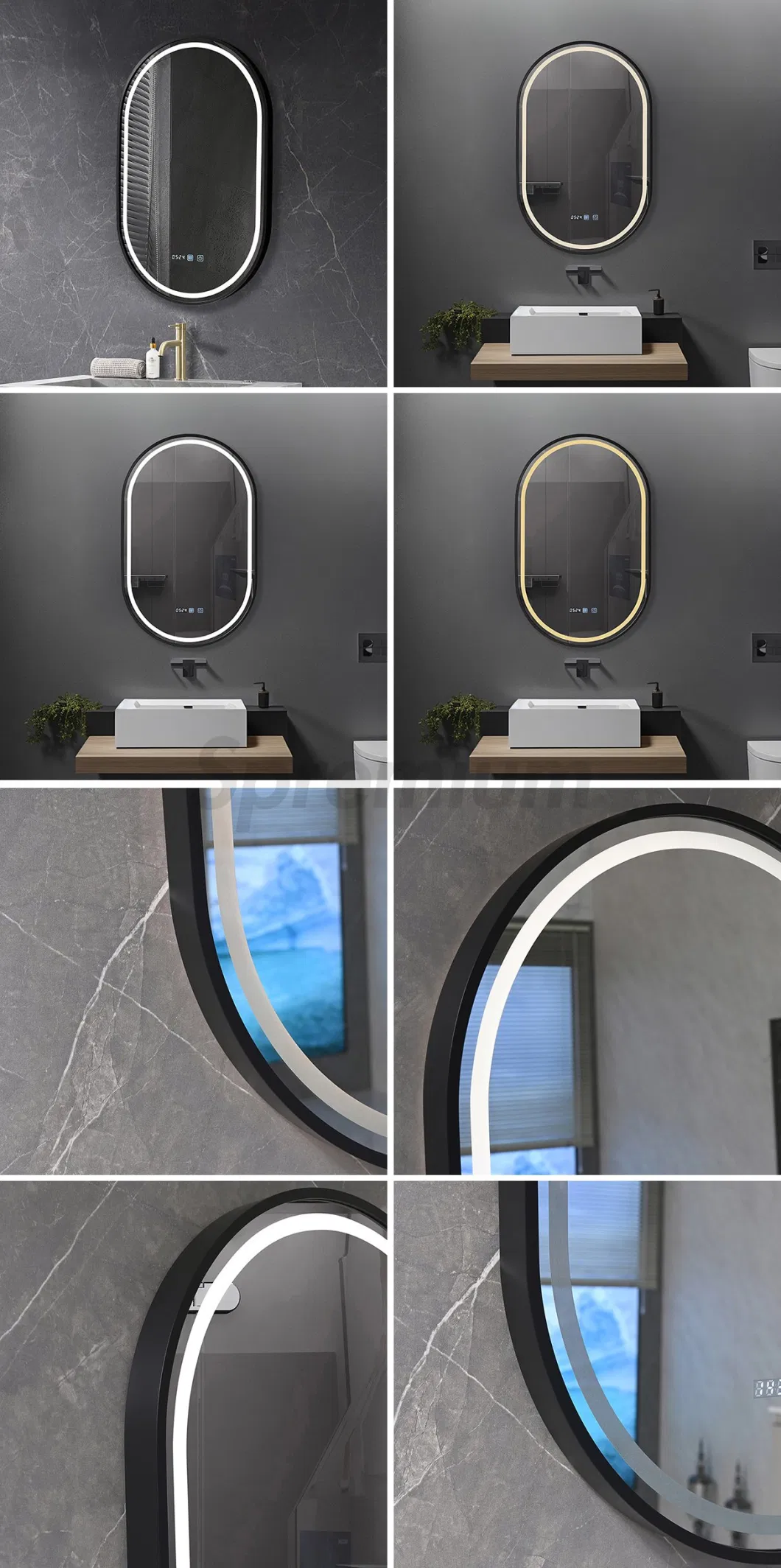 ETL CE Home Decoration Oval Shape Fogless Glass Styling Mirror Hotel Room Full Length Dressing Black Aluminum Frame Smart LED Bathroom Wall Mirrors with Light