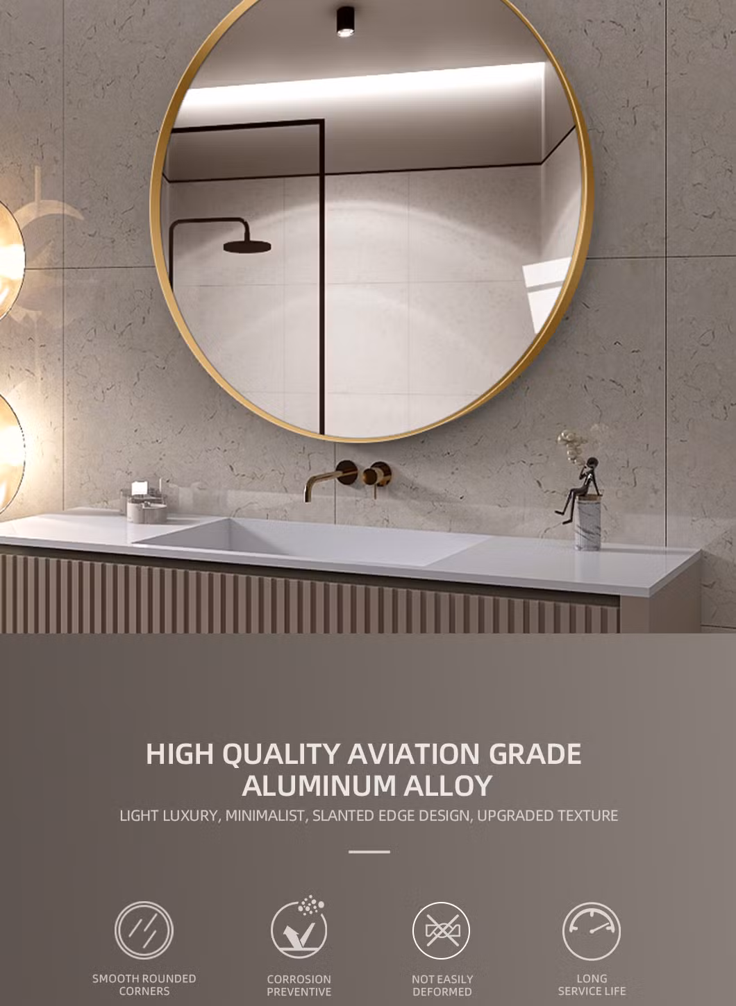 Modern Luxury Large Round Aluminum Alloy Frame Decorative Bathroom Wall Copper-Free Silver Mirror Makeup Furniture