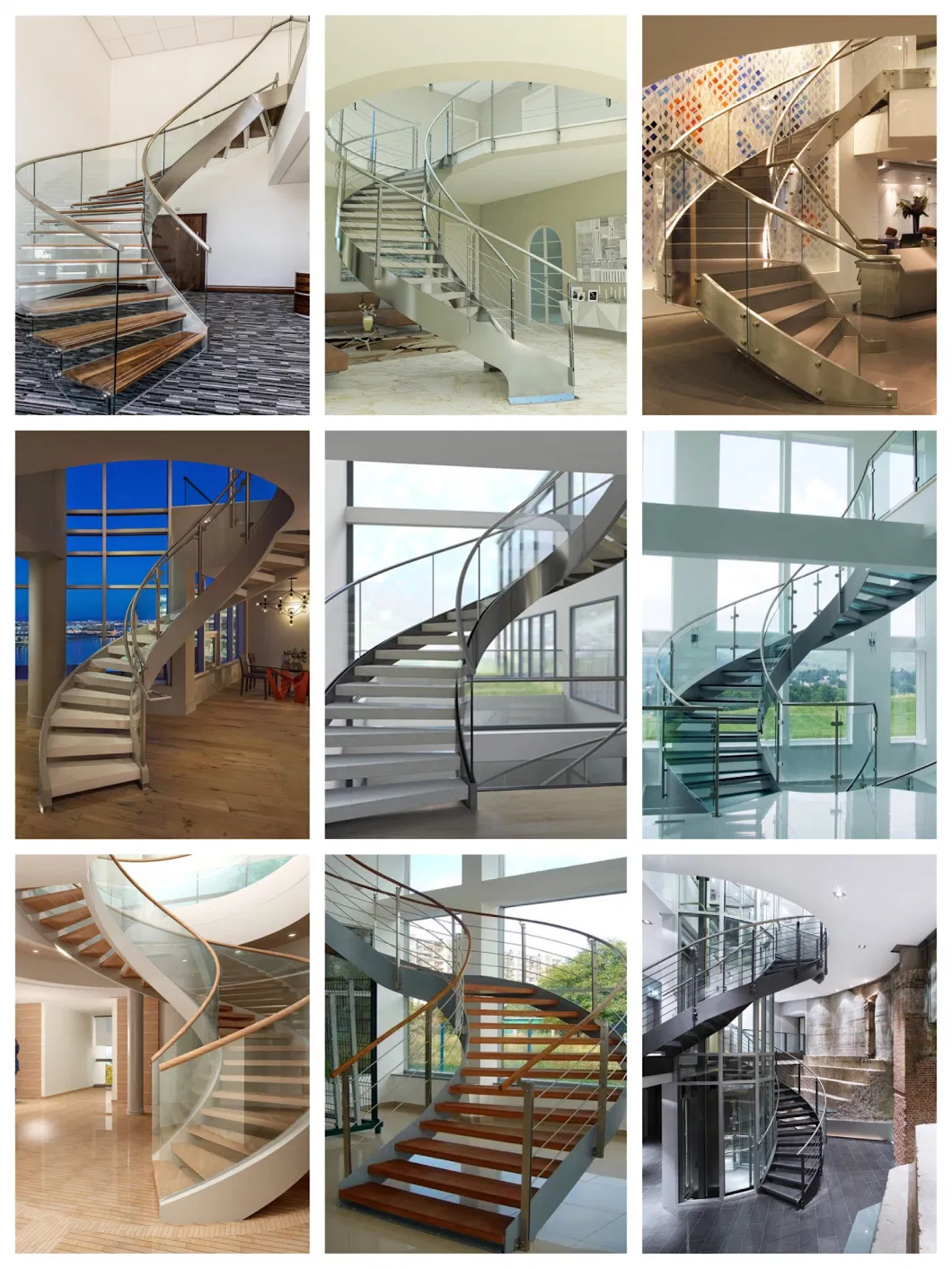 Curved Staircase with Frameless Glass Railing Stainless Steel Balustrade