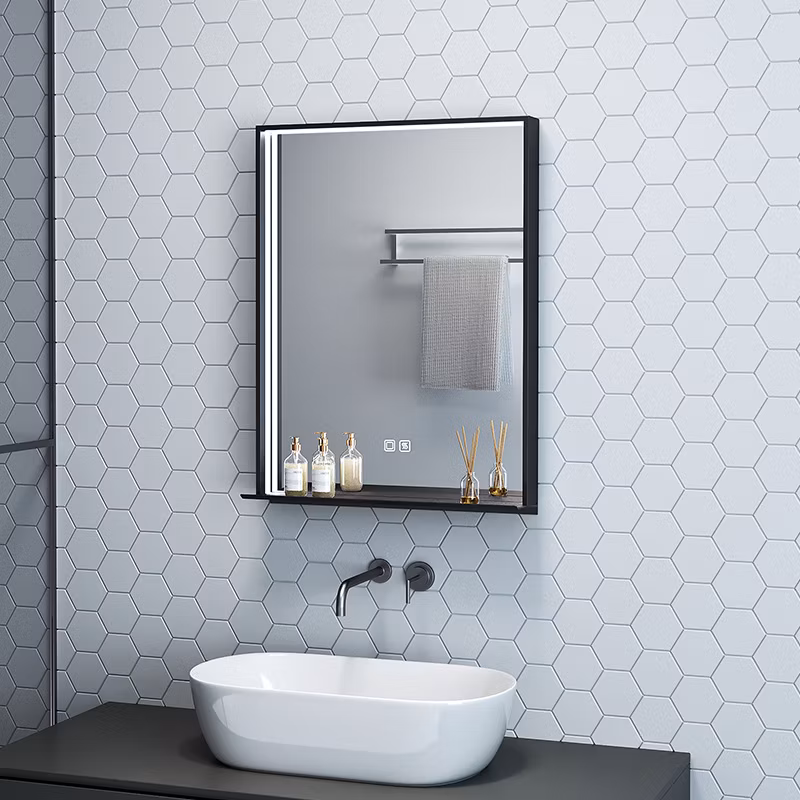 Factory Supplier Matt Black Metal Frame 50X70cm LED Mirror with Aluminium Shelf for Bathroom Mirror with Lights