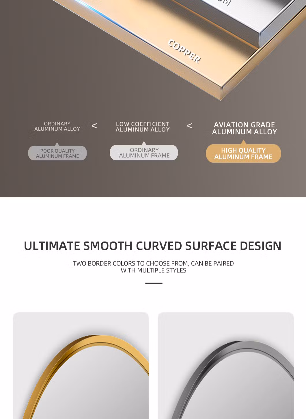Modern Luxury Large Round Aluminum Alloy Frame Decorative Bathroom Wall Copper-Free Silver Mirror Makeup Furniture