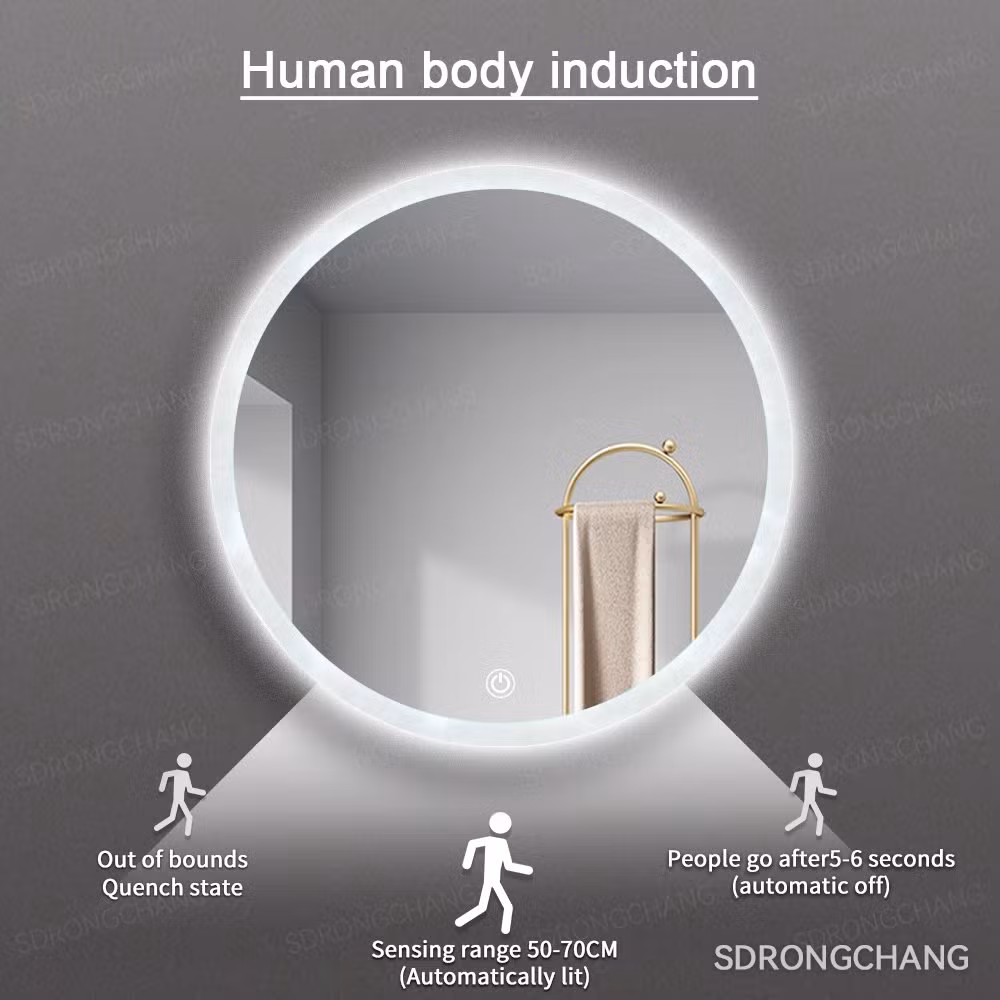 Rongchang Custom Touch Sensor Round Fogless Illuminated Dressing LED Bathroom Mirror