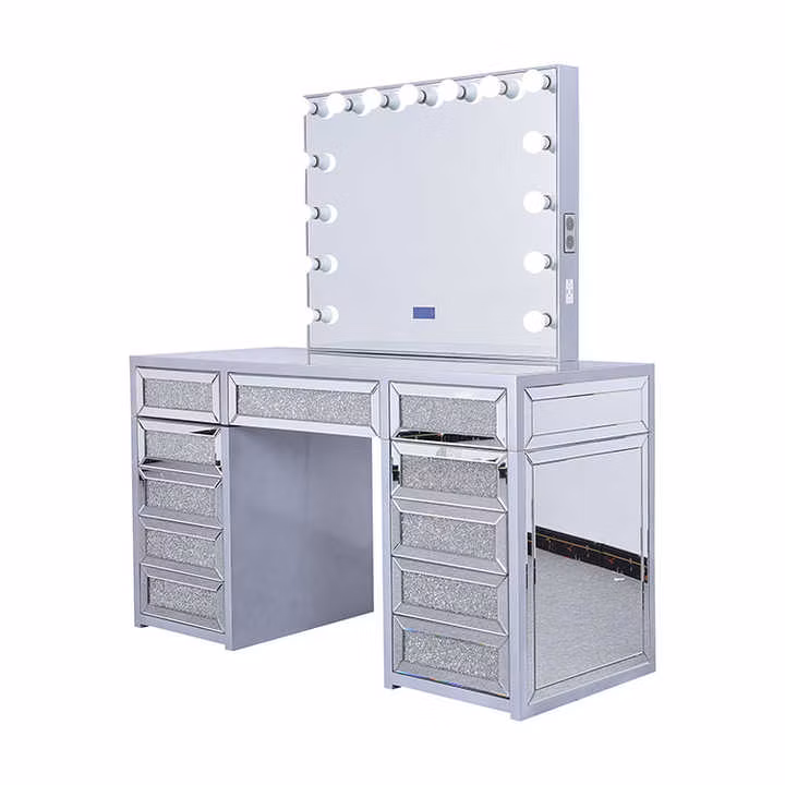 Top Seller Bedroom Vanity 11 Drawers Dressing Makeup Table Hollywood Light Mirror with Transparent Glass Top