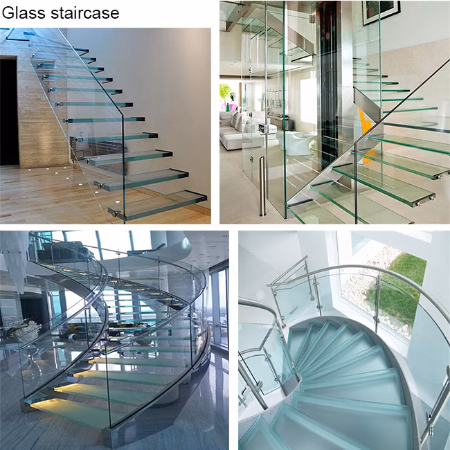 2024 Professional Designs Curved Glass Spiral Staircase Design / Villa Indoor Spiral Stairs Glass Tread