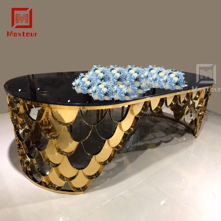 Luxury Gold Scale Design Stainless Steel Hollow Base Dining Table with Black Glass