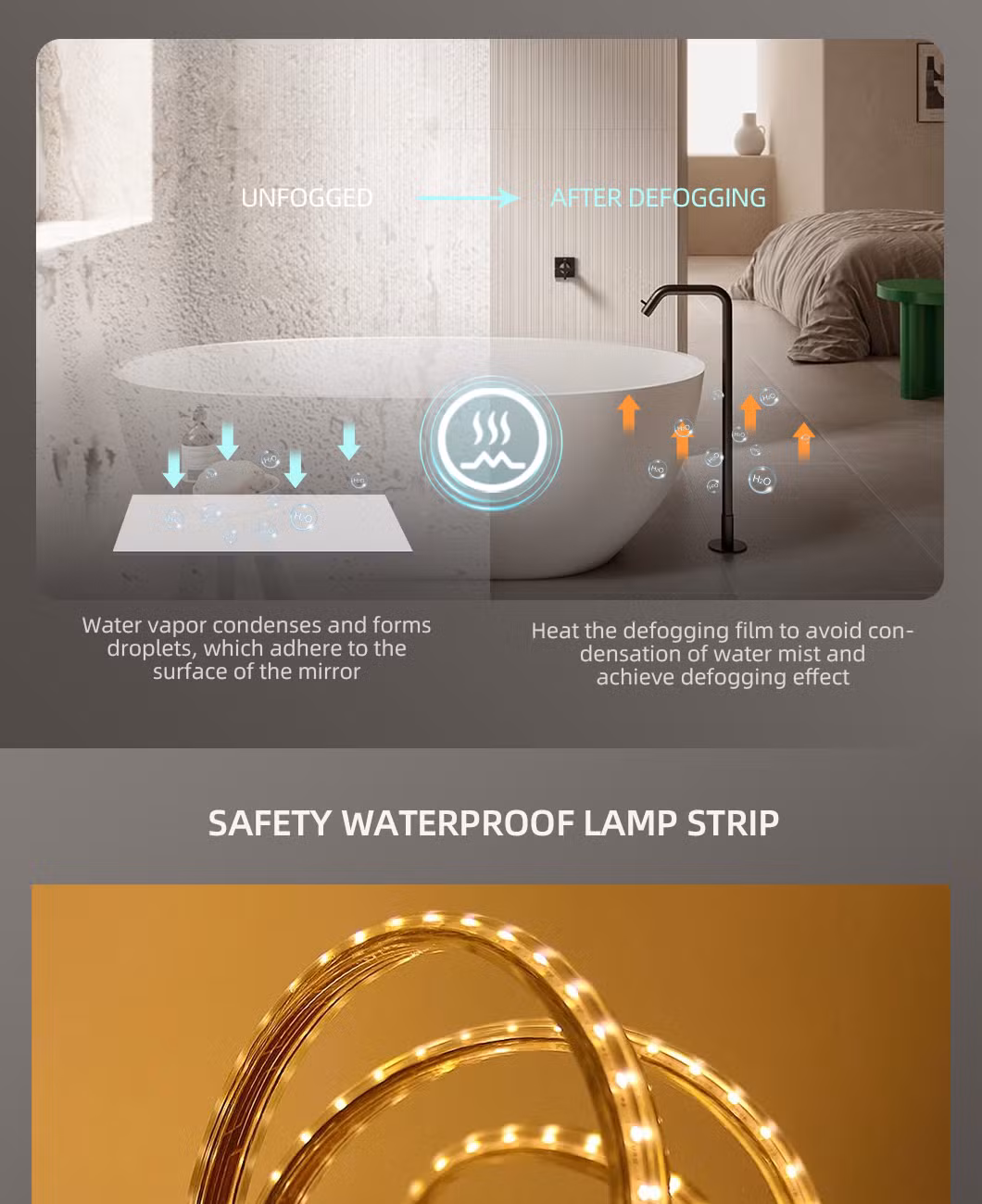 Frameless Home Decoration Modern Style Wall-Mounted Smart Bathroom Arched LED Mirror Backlit Adjustable Intelligent Touch