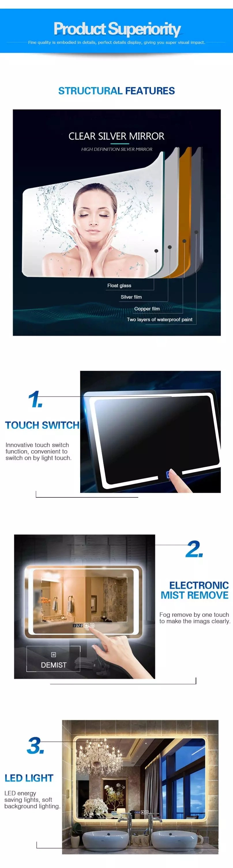 Intelligent Mirror Wall Mounted Bathroom Mirror, Makeup with LED Anti Fog Touch Screen, Illuminated Wall Mounted