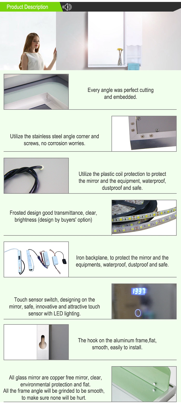 Ce Certification Lighting Accerssories (2835-120) Switch LED Mirror Glass Mirror Without Frame