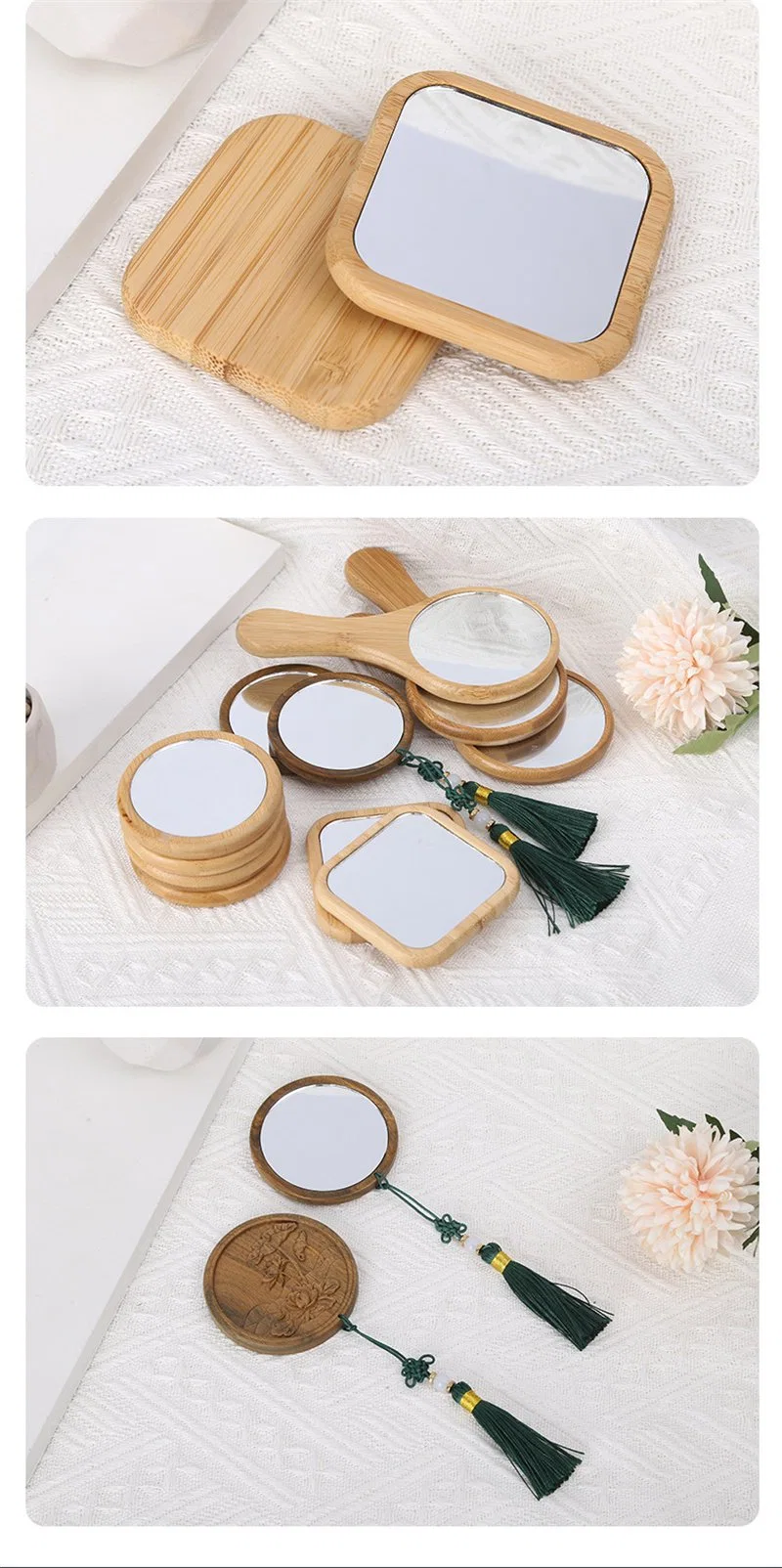 Portable Mini Bamboo Makeup Round Cosmetic Mirror