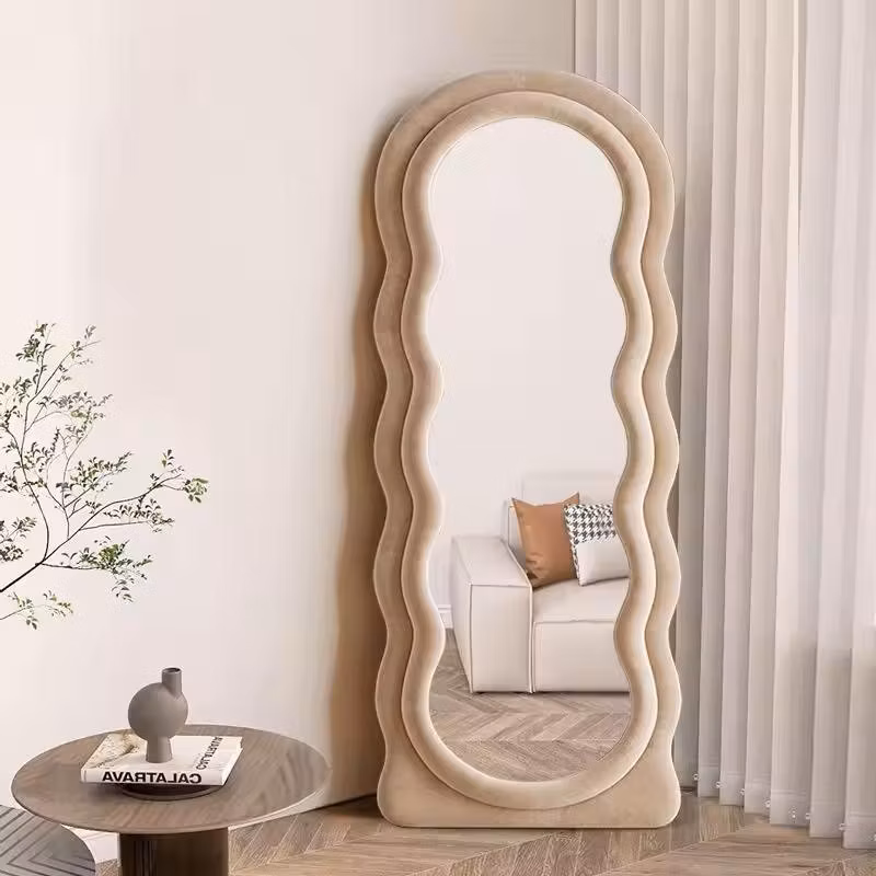Custom Hollywood Style Antique Flannel Frabric Large Full Length Floor Stand Dressing Mirror Wall Mounted Decorative Mirror