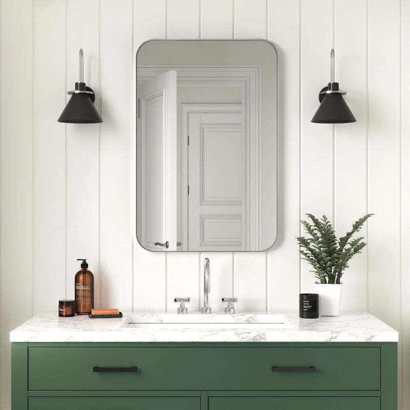 Ortonbath Silver Metal Framed Wall Hung Mirror LED Lights Touch Sensor Switch Backlit Bathroom Vanity Cabinet Compact Mirror Without LED