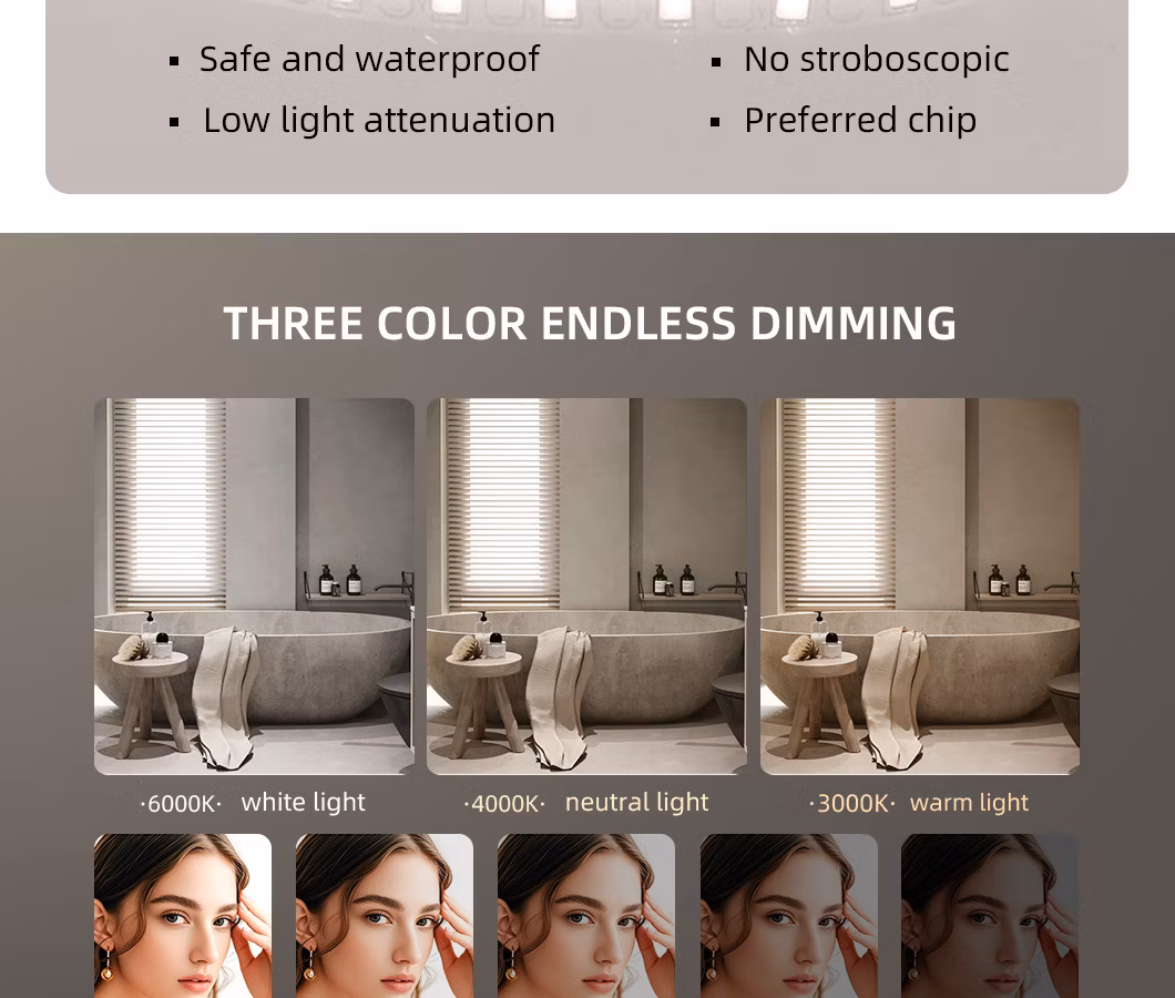 High Quality Cosmetic Vanity Glass Rectangle Smart Front and Backlit Light Bathroom LED Mirror with High-Definition Glass Aluminum Alloy Frame Luxury Furniture