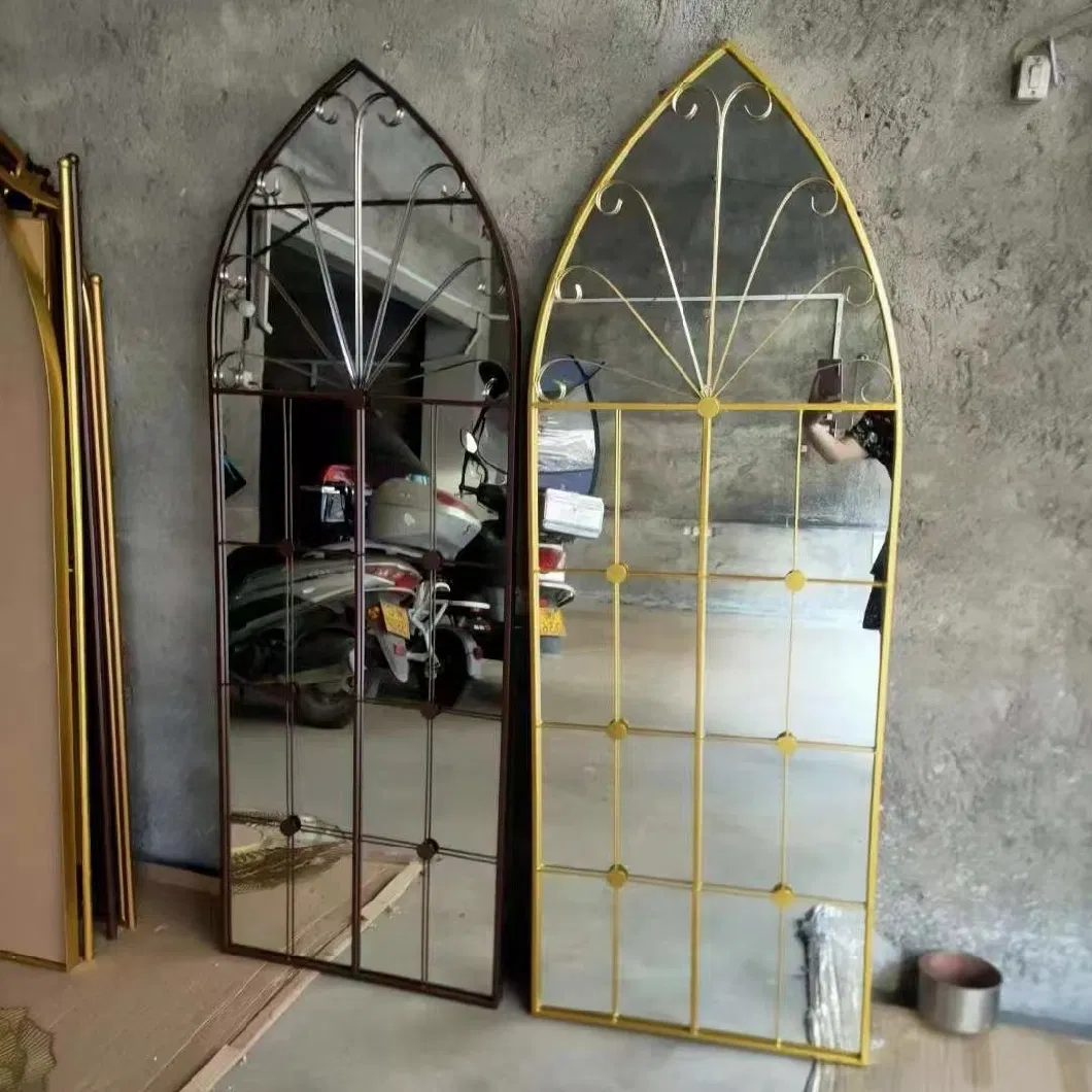 Factory Retro Luxury Garden Style Vintage Metal Iron Decorative Arched Window Shaped Wall Mirror