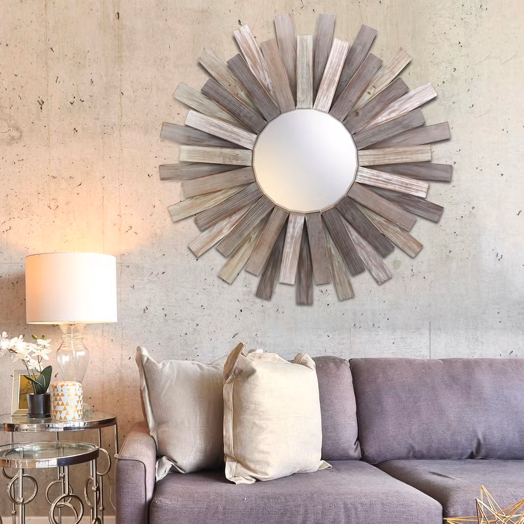Large Round 32&quot; Wooden Sunburst Wall Mirror with Attached Hanging Bracket