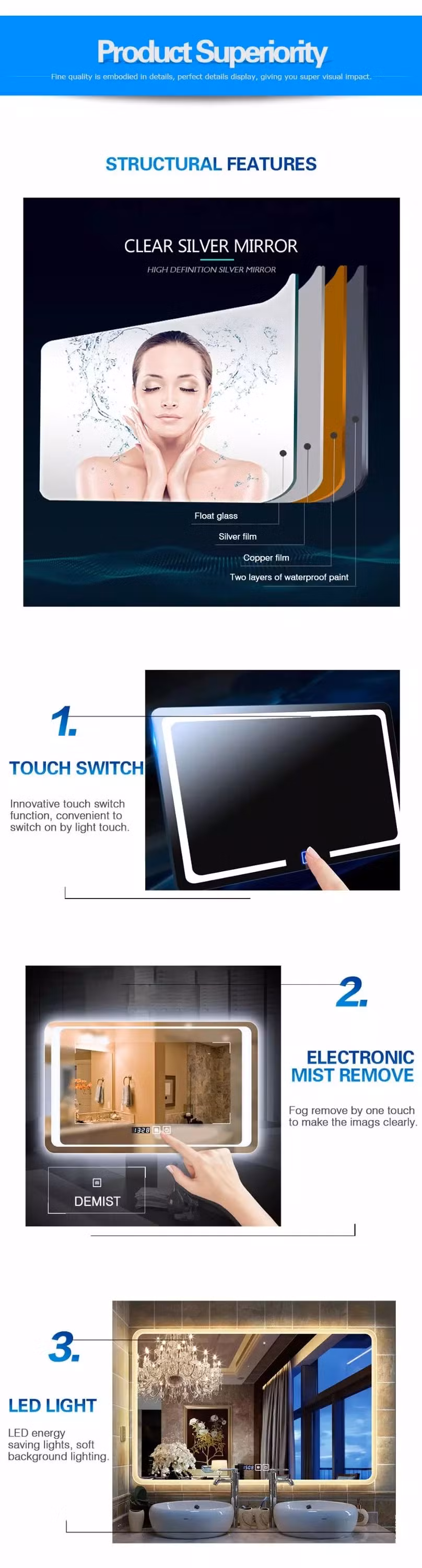 Energy Saving Bathroom Wall Mounted Makeup Light Mirror Smart Hotel Illuminated LED Mirror