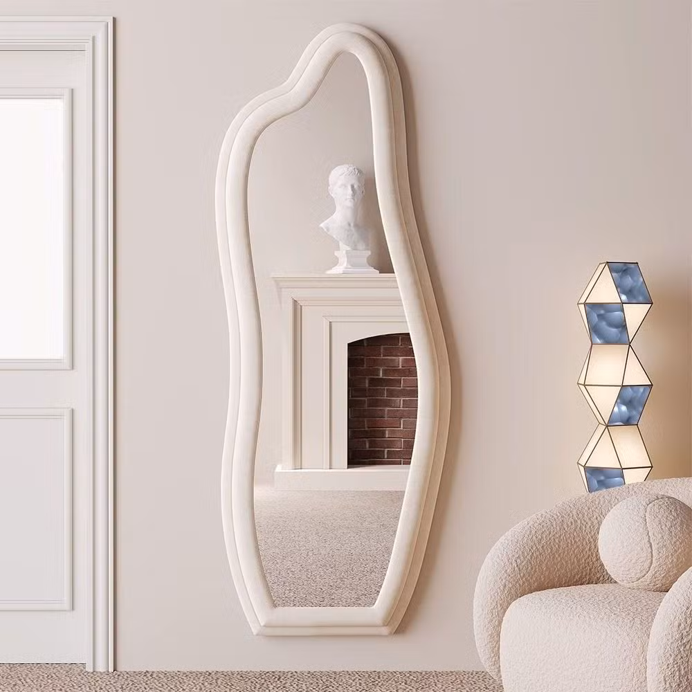 Custom Hollywood Style Antique Flannel Frabric Large Full Length Floor Stand Dressing Mirror Wall Mounted Decorative Mirror